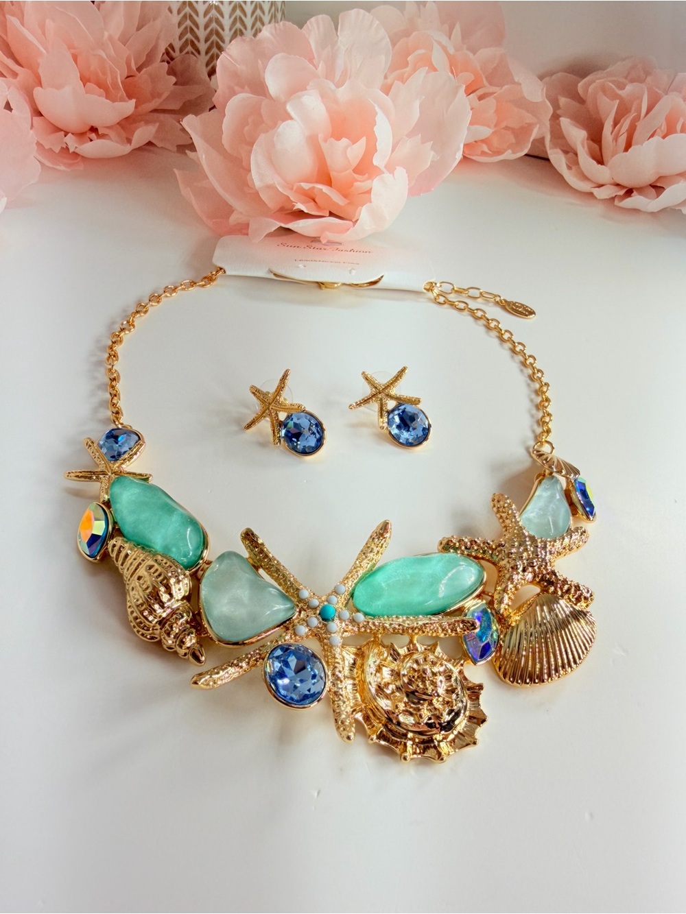 Gold Sea-Inspired Necklace and Earring Set with Aqua and Blue Stones